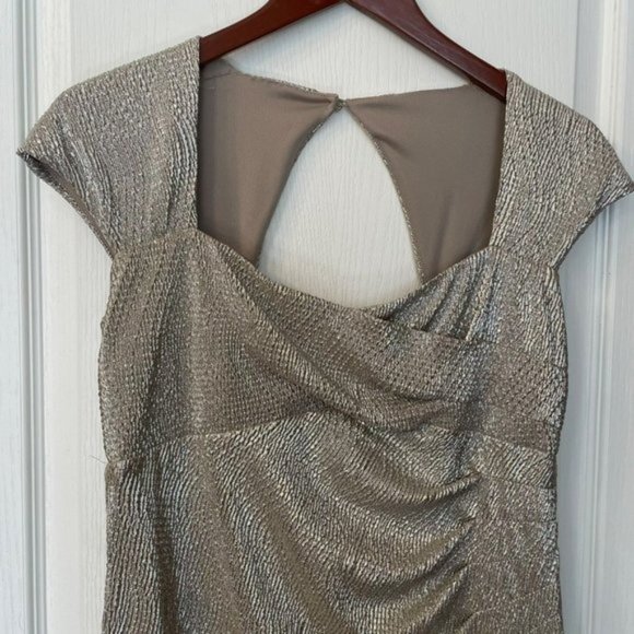 Lauren | Ralph Lauren Evening Gold Metallic Maxi Dress Gown Slit Stretch 10 Long - Picture 3 of 10